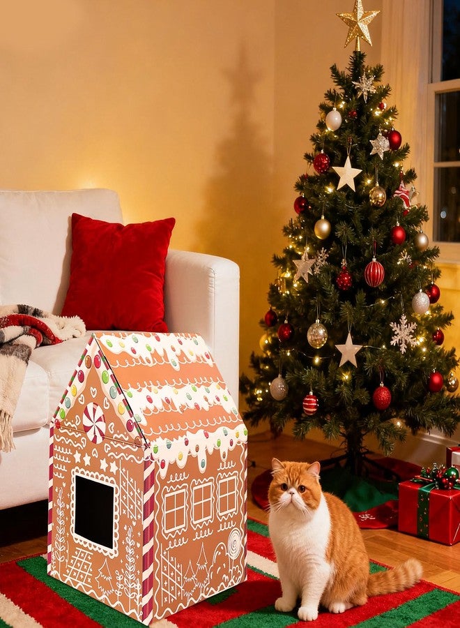 MUNILAIL Christmas Gingerbread Cat House 16.5"x 13"x19" Christmas Cardboard Cat Scratcher House with Scratching Pad for Indoor Cats Kittens Large Cat Playhouse - Image 5